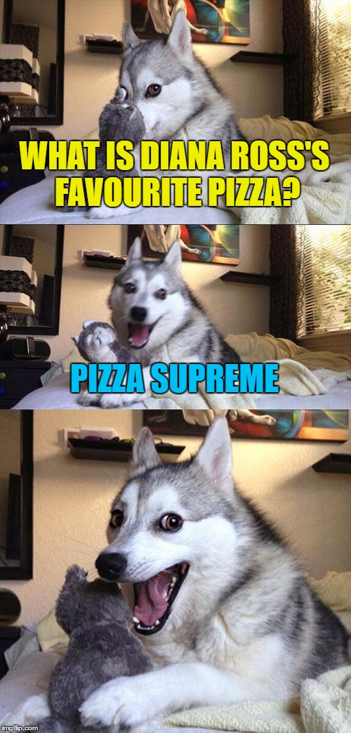 Just as long as it's not served upside down... :) | WHAT IS DIANA ROSS'S FAVOURITE PIZZA? PIZZA SUPREME | image tagged in memes,bad pun dog,music,food,diana ross,pizza | made w/ Imgflip meme maker