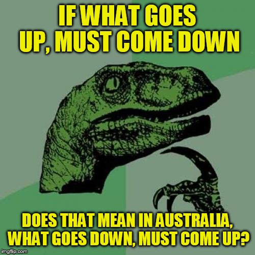Philosoraptor Meme | IF WHAT GOES UP, MUST COME DOWN; DOES THAT MEAN IN AUSTRALIA, WHAT GOES DOWN, MUST COME UP? | image tagged in memes,philosoraptor | made w/ Imgflip meme maker