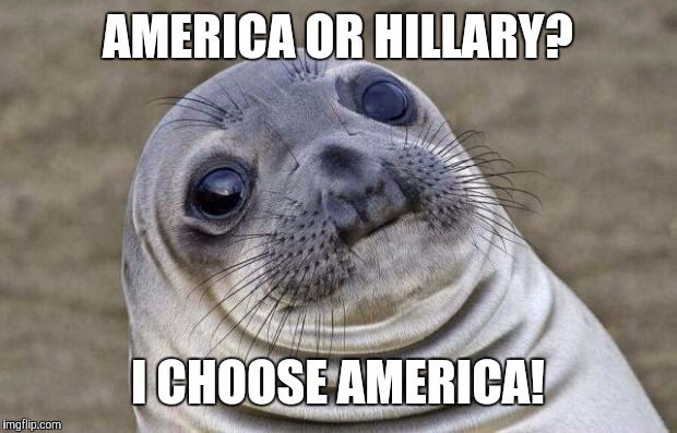 Awkward Moment Sealion | AMERICA OR HILLARY? I CHOOSE AMERICA! | image tagged in memes,awkward moment sealion | made w/ Imgflip meme maker