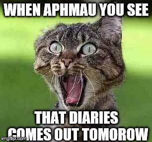 Screaming cat | WHEN APHMAU YOU SEE; THAT DIARIES COMES OUT TOMOROW | image tagged in screaming cat | made w/ Imgflip meme maker