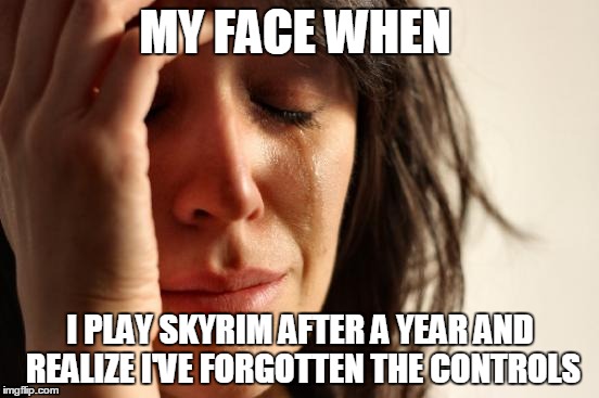 First World Problems | MY FACE WHEN; I PLAY SKYRIM AFTER A YEAR AND REALIZE I'VE FORGOTTEN THE CONTROLS | image tagged in memes,first world problems | made w/ Imgflip meme maker