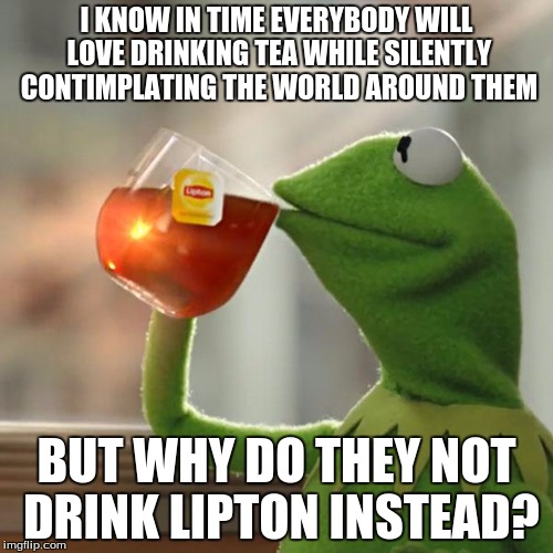 But That's None Of My Business | I KNOW IN TIME EVERYBODY WILL LOVE DRINKING TEA WHILE SILENTLY CONTIMPLATING THE WORLD AROUND THEM; BUT WHY DO THEY NOT DRINK LIPTON INSTEAD? | image tagged in memes,but thats none of my business,kermit the frog | made w/ Imgflip meme maker