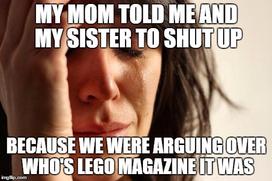First World Problems | MY MOM TOLD ME AND MY SISTER TO SHUT UP; BECAUSE WE WERE ARGUING OVER WHO'S LEGO MAGAZINE IT WAS | image tagged in memes,first world problems | made w/ Imgflip meme maker