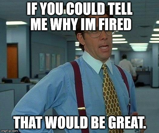 That Would Be Great Meme | IF YOU COULD TELL ME WHY IM FIRED THAT WOULD BE GREAT. | image tagged in memes,that would be great | made w/ Imgflip meme maker