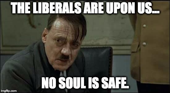 Hitler, The Republican | THE LIBERALS ARE UPON US... NO SOUL IS SAFE. | image tagged in hitler lol,republican,funny memes,hitler,liberals,too funny | made w/ Imgflip meme maker