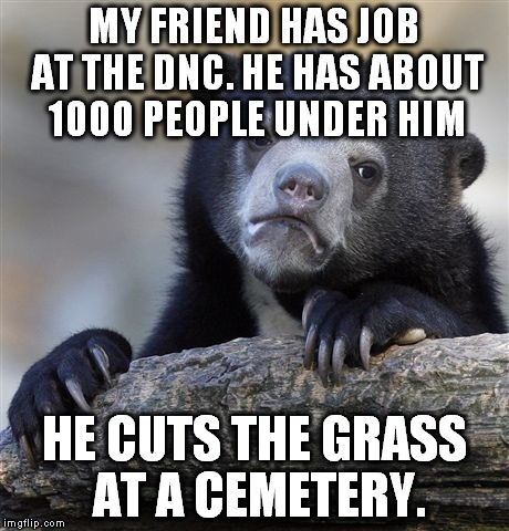 At least they are honoring thier loyal supporters! | MY FRIEND HAS JOB AT THE DNC. HE HAS ABOUT 1000 PEOPLE UNDER HIM; HE CUTS THE GRASS AT A CEMETERY. | image tagged in memes,confession bear,dead voters,dnc,funny | made w/ Imgflip meme maker