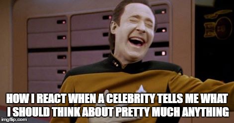 Hey asshole, they're no smarter about the world than you are | HOW I REACT WHEN A CELEBRITY TELLS ME WHAT I SHOULD THINK ABOUT PRETTY MUCH ANYTHING | image tagged in election 2016 | made w/ Imgflip meme maker