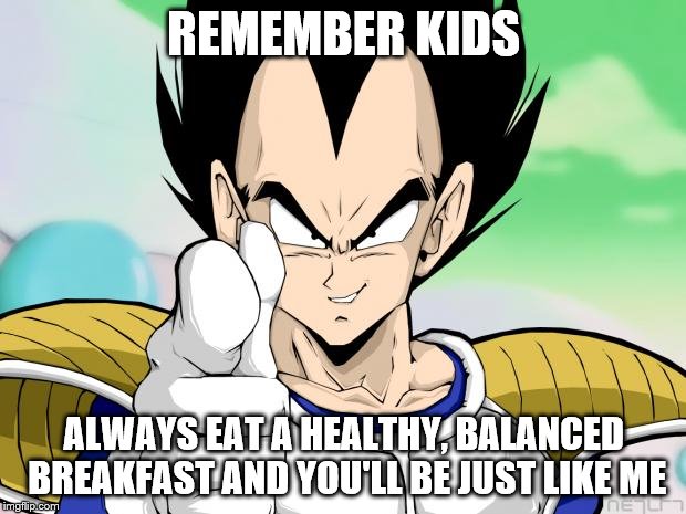 Vegetapoint | REMEMBER KIDS; ALWAYS EAT A HEALTHY, BALANCED BREAKFAST AND YOU'LL BE JUST LIKE ME | image tagged in vegetapoint | made w/ Imgflip meme maker