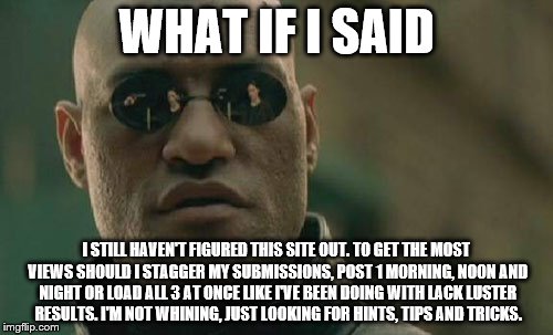 I'll just keep on plugging | WHAT IF I SAID; I STILL HAVEN'T FIGURED THIS SITE OUT. TO GET THE MOST VIEWS SHOULD I STAGGER MY SUBMISSIONS, POST 1 MORNING, NOON AND NIGHT OR LOAD ALL 3 AT ONCE LIKE I'VE BEEN DOING WITH LACK LUSTER RESULTS. I'M NOT WHINING, JUST LOOKING FOR HINTS, TIPS AND TRICKS. | image tagged in memes,matrix morpheus | made w/ Imgflip meme maker
