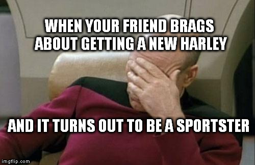 Captain Picard Facepalm Meme | WHEN YOUR FRIEND BRAGS ABOUT GETTING A NEW HARLEY; AND IT TURNS OUT TO BE A SPORTSTER | image tagged in memes,captain picard facepalm | made w/ Imgflip meme maker