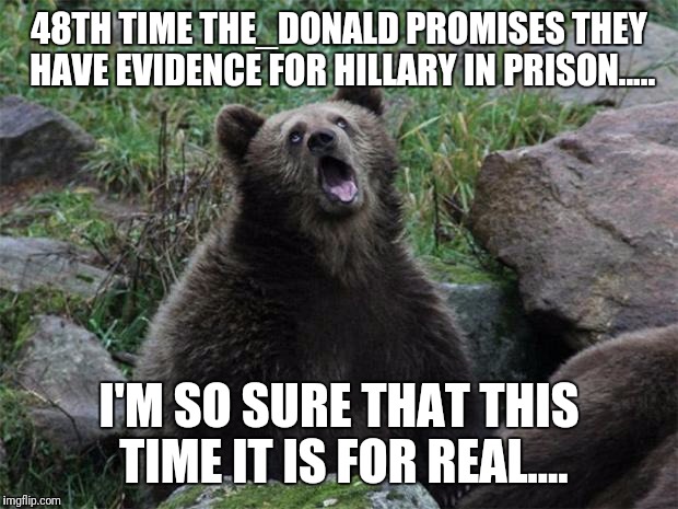 Sarcastic Bear | 48TH TIME THE_DONALD PROMISES THEY HAVE EVIDENCE FOR HILLARY IN PRISON..... I'M SO SURE THAT THIS TIME IT IS FOR REAL.... | image tagged in sarcastic bear | made w/ Imgflip meme maker