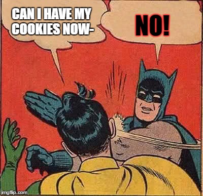 Batman Slapping Robin | CAN I HAVE MY COOKIES NOW-; NO! | image tagged in memes,batman slapping robin | made w/ Imgflip meme maker