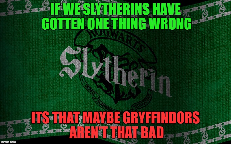 I'm A Slytherin, But All My Friends Are Bold Gryffindors | IF WE SLYTHERINS HAVE GOTTEN ONE THING WRONG; ITS THAT MAYBE GRYFFINDORS AREN'T THAT BAD | image tagged in harry potter,memes | made w/ Imgflip meme maker