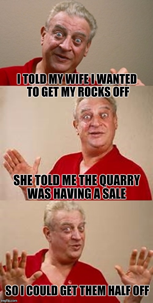 bad pun Dangerfield  | I TOLD MY WIFE I WANTED TO GET MY ROCKS OFF; SHE TOLD ME THE QUARRY WAS HAVING A SALE; SO I COULD GET THEM HALF OFF | image tagged in bad pun dangerfield | made w/ Imgflip meme maker