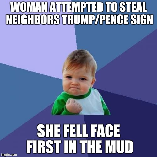Success Kid Meme | WOMAN ATTEMPTED TO STEAL NEIGHBORS TRUMP/PENCE SIGN; SHE FELL FACE FIRST IN THE MUD | image tagged in memes,success kid | made w/ Imgflip meme maker