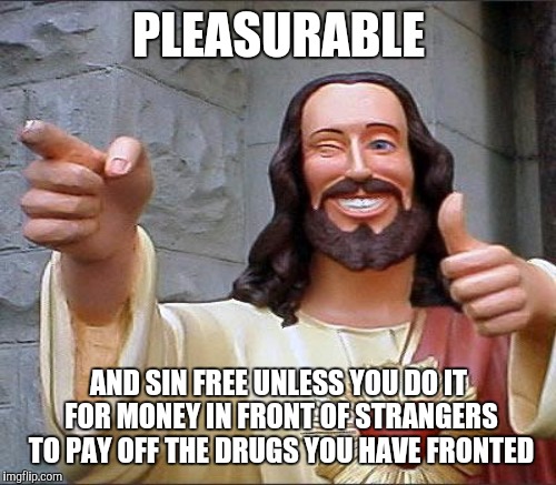 PLEASURABLE AND SIN FREE UNLESS YOU DO IT FOR MONEY IN FRONT OF STRANGERS TO PAY OFF THE DRUGS YOU HAVE FRONTED | made w/ Imgflip meme maker