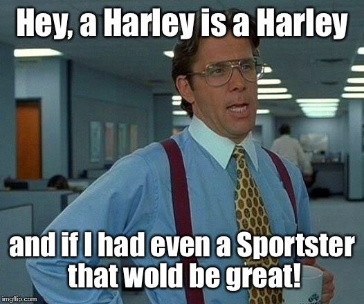 That Would Be Great Meme | Hey, a Harley is a Harley and if I had even a Sportster that wold be great! | image tagged in memes,that would be great | made w/ Imgflip meme maker