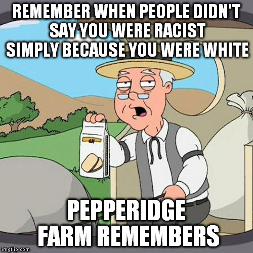 *sigh* At least it's not illegal to be white...yet! | REMEMBER WHEN PEOPLE DIDN'T SAY YOU WERE RACIST SIMPLY BECAUSE YOU WERE WHITE; PEPPERIDGE FARM REMEMBERS | image tagged in memes,pepperidge farm remembers | made w/ Imgflip meme maker