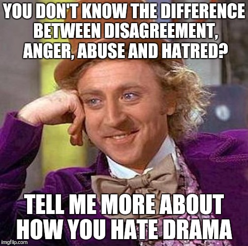 Creepy Condescending Wonka Meme | YOU DON'T KNOW THE DIFFERENCE BETWEEN DISAGREEMENT, ANGER, ABUSE AND HATRED? TELL ME MORE ABOUT HOW YOU HATE DRAMA | image tagged in memes,creepy condescending wonka | made w/ Imgflip meme maker