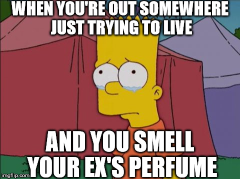 Bart Simpson Sad | WHEN YOU'RE OUT SOMEWHERE JUST TRYING TO LIVE; AND YOU SMELL YOUR EX'S PERFUME | image tagged in bart simpson sad | made w/ Imgflip meme maker