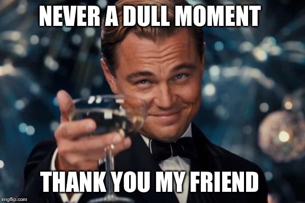 Leonardo Dicaprio Cheers Meme | NEVER A DULL MOMENT; THANK YOU MY FRIEND | image tagged in memes,leonardo dicaprio cheers | made w/ Imgflip meme maker