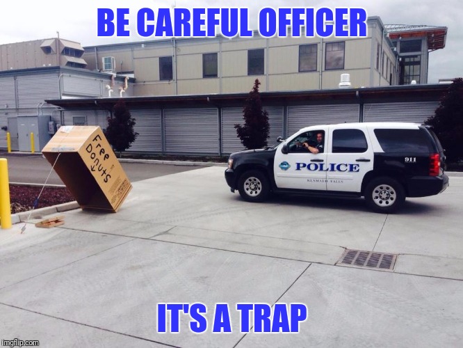 Hey donuts!!! | BE CAREFUL OFFICER; IT'S A TRAP | image tagged in memes,it came from the comments,cops and donuts | made w/ Imgflip meme maker