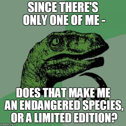 I wonder . . . | SINCE THERE'S ONLY ONE OF ME -; DOES THAT MAKE ME AN ENDANGERED SPECIES, OR A LIMITED EDITION? | image tagged in memes,philosoraptor | made w/ Imgflip meme maker