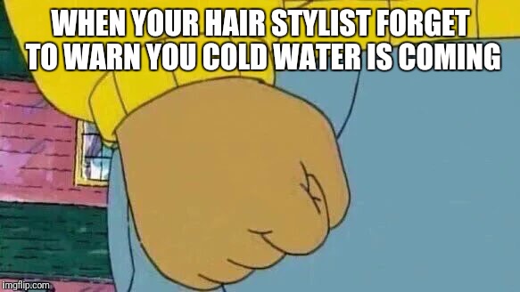 Arthur Fist Meme | WHEN YOUR HAIR STYLIST FORGET TO WARN YOU COLD WATER IS COMING | image tagged in memes,arthur fist | made w/ Imgflip meme maker