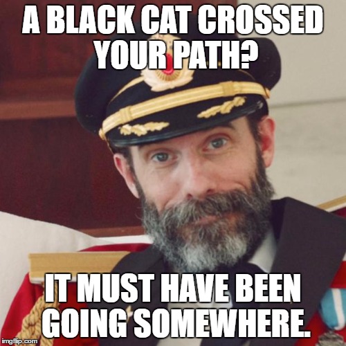 Captain Obvious | A BLACK CAT CROSSED YOUR PATH? IT MUST HAVE BEEN GOING SOMEWHERE. | image tagged in captain obvious | made w/ Imgflip meme maker