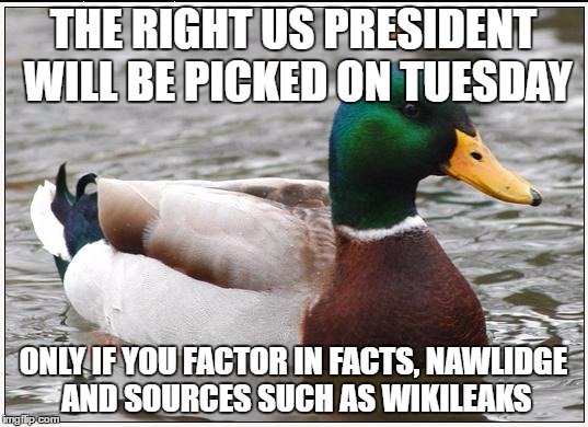 Actual Advice Mallard Meme | THE RIGHT US PRESIDENT WILL BE PICKED ON TUESDAY; ONLY IF YOU FACTOR IN FACTS, NAWLIDGE AND SOURCES SUCH AS WIKILEAKS | image tagged in memes,actual advice mallard | made w/ Imgflip meme maker