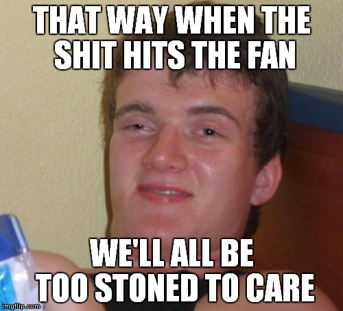 10 Guy Meme | THAT WAY WHEN THE SHIT HITS THE FAN WE'LL ALL BE TOO STONED TO CARE | image tagged in memes,10 guy | made w/ Imgflip meme maker