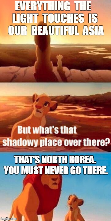 Asia's Shadowy Place | EVERYTHING  THE  LIGHT  TOUCHES  IS  OUR  BEAUTIFUL  ASIA; THAT'S NORTH KOREA. YOU MUST NEVER GO THERE. | image tagged in memes,simba shadowy place | made w/ Imgflip meme maker