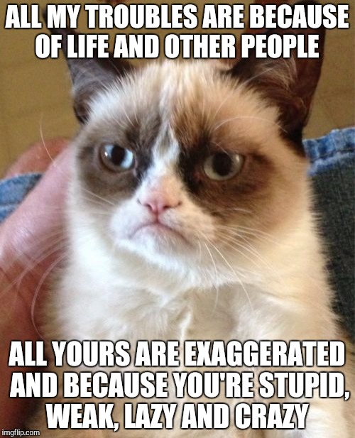 Narcissistic Grumpy Cat | ALL MY TROUBLES ARE BECAUSE OF LIFE AND OTHER PEOPLE; ALL YOURS ARE EXAGGERATED AND BECAUSE YOU'RE STUPID, WEAK, LAZY AND CRAZY | image tagged in memes,grumpy cat | made w/ Imgflip meme maker