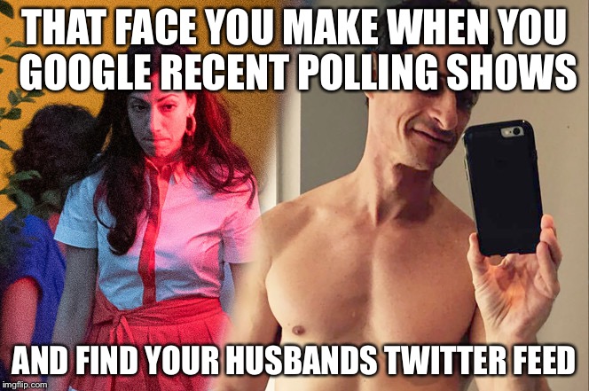 THAT FACE YOU MAKE WHEN YOU GOOGLE RECENT POLLING SHOWS; AND FIND YOUR HUSBANDS TWITTER FEED | image tagged in memes,funny,bad pun,anthony weiner | made w/ Imgflip meme maker