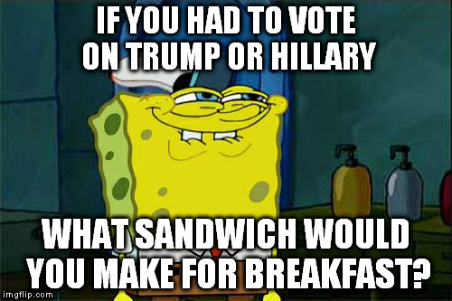 Don't You Squidward | IF YOU HAD TO VOTE ON TRUMP OR HILLARY; WHAT SANDWICH WOULD YOU MAKE FOR BREAKFAST? | image tagged in memes,dont you squidward | made w/ Imgflip meme maker