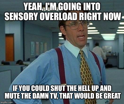 That Would Be Great | YEAH, I'M GOING INTO SENSORY OVERLOAD RIGHT NOW; IF YOU COULD SHUT THE HELL UP AND MUTE THE DAMN TV, THAT WOULD BE GREAT | image tagged in memes,that would be great | made w/ Imgflip meme maker
