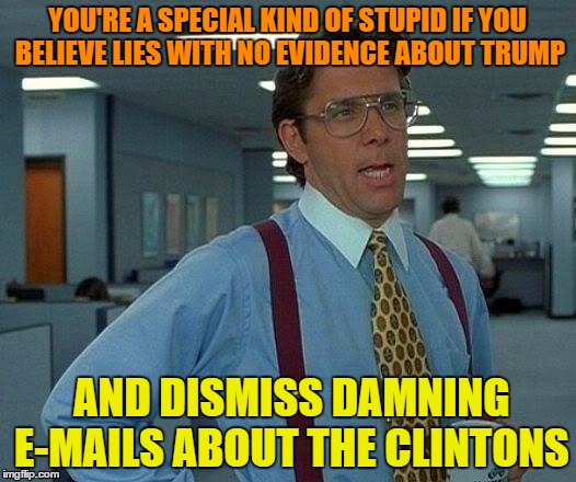 That Would Be Great | YOU'RE A SPECIAL KIND OF STUPID IF YOU BELIEVE LIES WITH NO EVIDENCE ABOUT TRUMP; AND DISMISS DAMNING E-MAILS ABOUT THE CLINTONS | image tagged in memes,that would be great | made w/ Imgflip meme maker