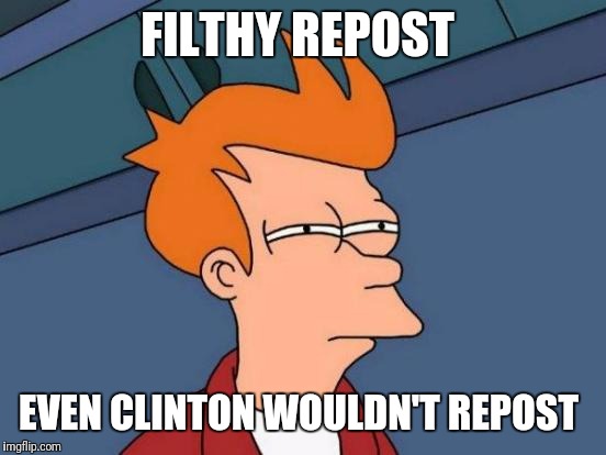 Futurama Fry Meme | FILTHY REPOST EVEN CLINTON WOULDN'T REPOST | image tagged in memes,futurama fry | made w/ Imgflip meme maker