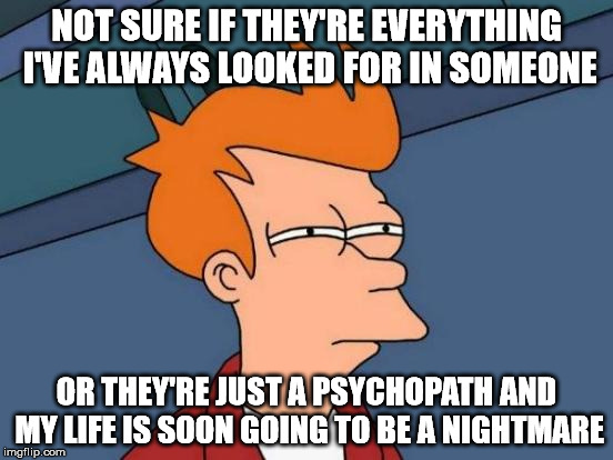 Futurama Fry Meme | NOT SURE IF THEY'RE EVERYTHING I'VE ALWAYS LOOKED FOR IN SOMEONE OR THEY'RE JUST A PSYCHOPATH AND MY LIFE IS SOON GOING TO BE A NIGHTMARE | image tagged in memes,futurama fry | made w/ Imgflip meme maker