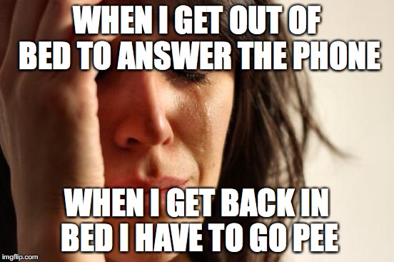 First World Problems Meme | WHEN I GET OUT OF BED TO ANSWER THE PHONE; WHEN I GET BACK IN BED I HAVE TO GO PEE | image tagged in memes,first world problems | made w/ Imgflip meme maker