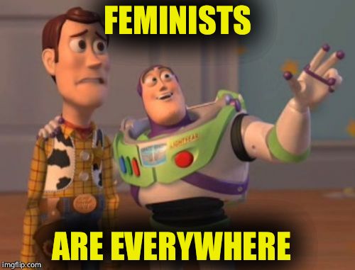 X, X Everywhere Meme | FEMINISTS; ARE EVERYWHERE | image tagged in memes,x x everywhere | made w/ Imgflip meme maker