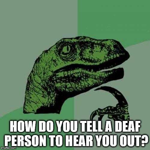 Philosoraptor | HOW DO YOU TELL A DEAF PERSON TO HEAR YOU OUT? | image tagged in memes,philosoraptor | made w/ Imgflip meme maker