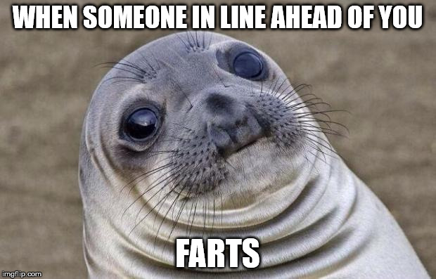 Awkward Moment Sealion | WHEN SOMEONE IN LINE AHEAD OF YOU; FARTS | image tagged in memes,awkward moment sealion | made w/ Imgflip meme maker
