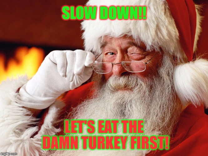 Thanksgiving Advice  | SLOW DOWN!! LET'S EAT THE DAMN TURKEY FIRST! | image tagged in thanksgiving day,merry christmas,holidays,slow down | made w/ Imgflip meme maker