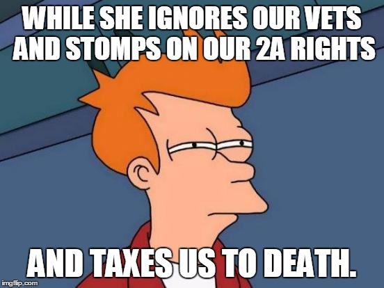 Futurama Fry Meme | WHILE SHE IGNORES OUR VETS AND STOMPS ON OUR 2A RIGHTS AND TAXES US TO DEATH. | image tagged in memes,futurama fry | made w/ Imgflip meme maker
