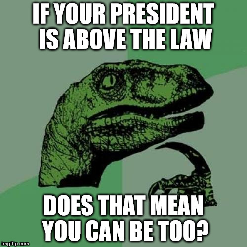 Philosoraptor Meme |  IF YOUR PRESIDENT IS ABOVE THE LAW; DOES THAT MEAN YOU CAN BE TOO? | image tagged in memes,philosoraptor | made w/ Imgflip meme maker