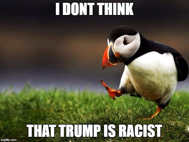 Unpopular Opinion Puffin Meme | I DONT THINK; THAT TRUMP IS RACIST | image tagged in memes,unpopular opinion puffin | made w/ Imgflip meme maker