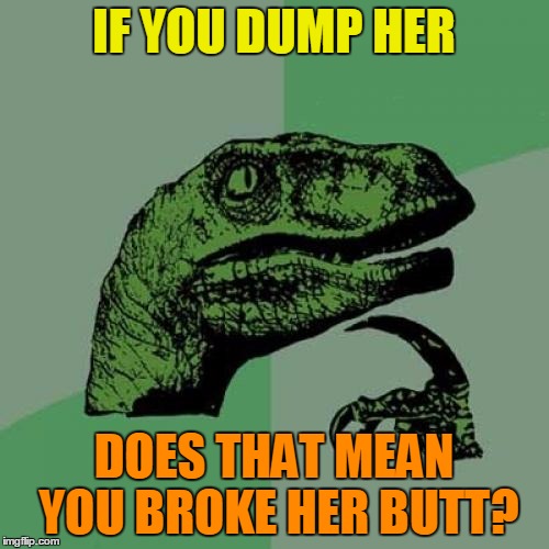 Philosoraptor Meme | IF YOU DUMP HER DOES THAT MEAN YOU BROKE HER BUTT? | image tagged in memes,philosoraptor | made w/ Imgflip meme maker