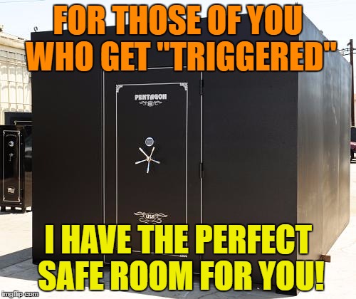 Perfect for You and its Watertight and Airtight ! :) | FOR THOSE OF YOU WHO GET "TRIGGERED"; I HAVE THE PERFECT SAFE ROOM FOR YOU! | image tagged in triggered,safe space,morons,boneheads,liberals,brainwashed | made w/ Imgflip meme maker