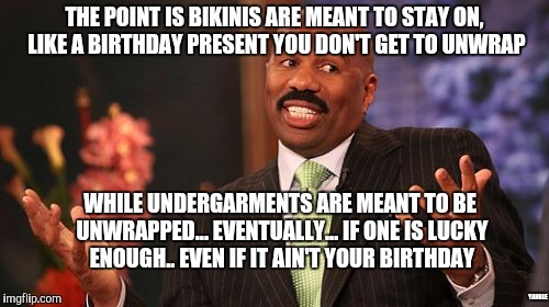 Steve Harvey Meme | THE POINT IS BIKINIS ARE MEANT TO STAY ON, LIKE A BIRTHDAY PRESENT YOU DON'T GET TO UNWRAP; WHILE UNDERGARMENTS ARE MEANT TO BE UNWRAPPED... EVENTUALLY... IF ONE IS LUCKY ENOUGH.. EVEN IF IT AIN'T YOUR BIRTHDAY; YAHBLE | image tagged in memes,steve harvey | made w/ Imgflip meme maker